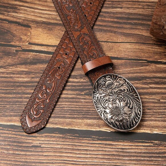 Silver tone Flower Buckle Casual Women's Western Patterned Polyurethane Belt - Picture 4 of 4